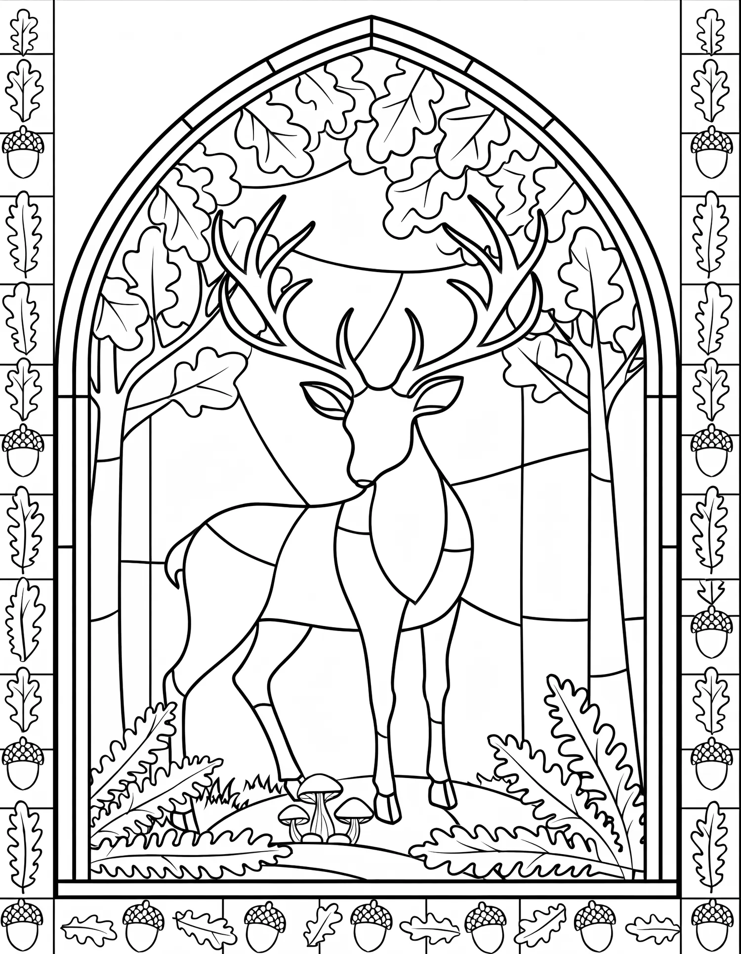 Vitrail Cerf en Forêt — Coloriage vintage à imprimer gratuitement